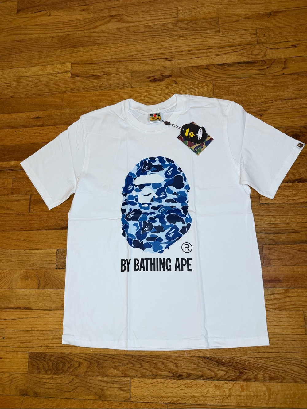 Bape White Short Sleeve Tee with Blue Camo Ape Head